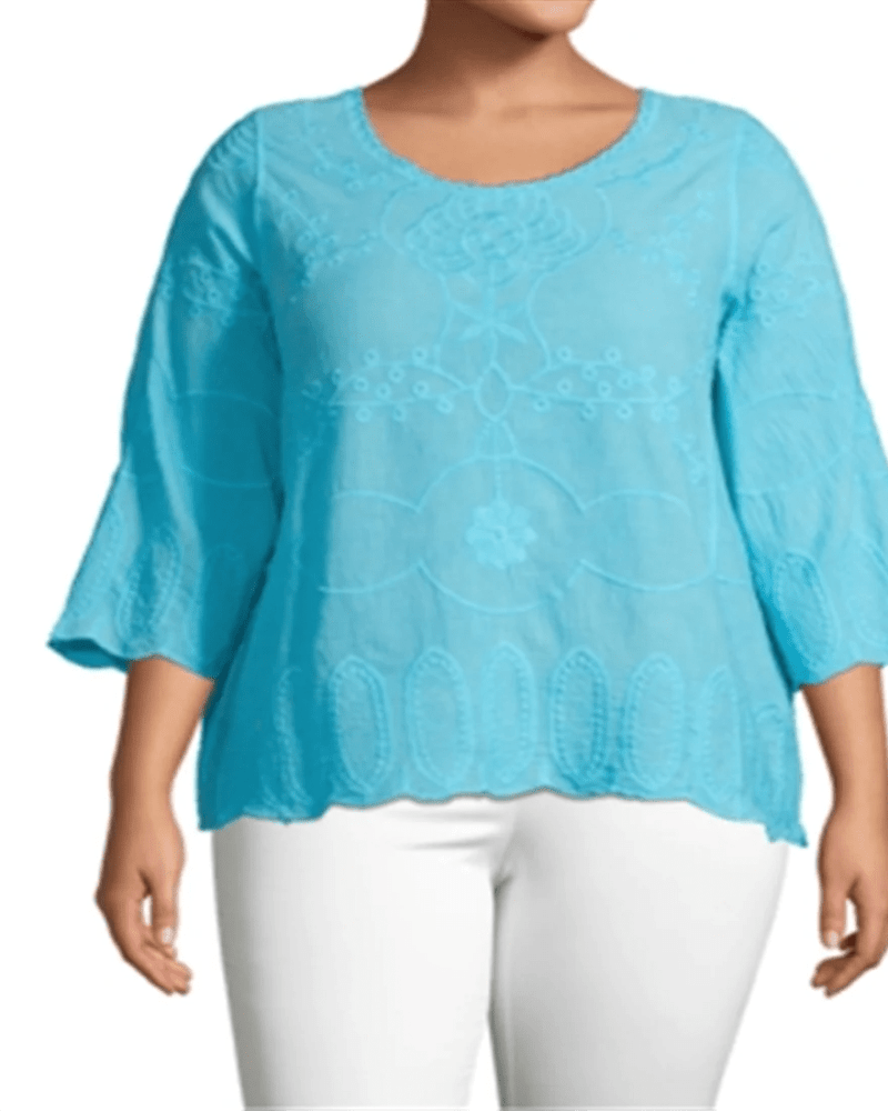 Front of a model wearing a size 2X John Paul Richard Women's Plus Embroidered 3/4 Sleeve Top Blue Size 2X in Blue by John Paul Richard. | dia_product_style_image_id:311337